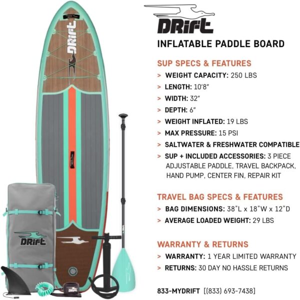 Drift Aero Inflatable Stand Up Paddle Board - SUP Paddle Board  Accessories, Including Pump, Paddle, and More