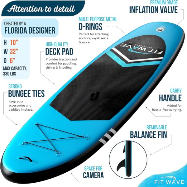 FITWAVE Paddle Board 9.5ft + Kit - for Adults - Inflatable Stand Up Paddle Board with Pump, Emergency Repair Kit, Bag  More - Anti Air Leaking  Nonslip Deck
