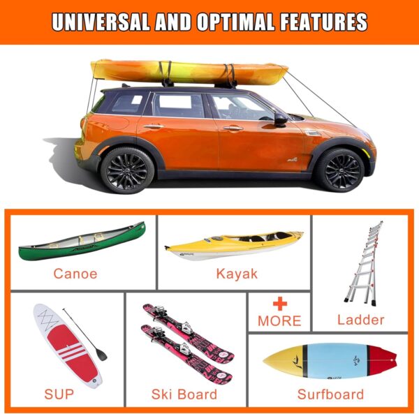 MeeFar Universal Car Soft Roof Rack Pads Luggage Carrier System for Kayak Surfboard SUP Canoe Include 2 Heavy Duty Tie Down Straps, 4 Tie Down Rope, 4 Quick Loop Strap and Storage Bag