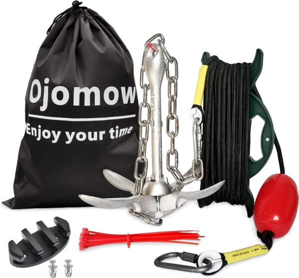 Ojomow Anchor Kit for Kayak and Jet Ski, 3.5lb Boat Anchor with 50FT Rope and Stainless Steel Chain for Kayak, Canoe, Fishing, Paddle Board, PWC, and SUP Accessories