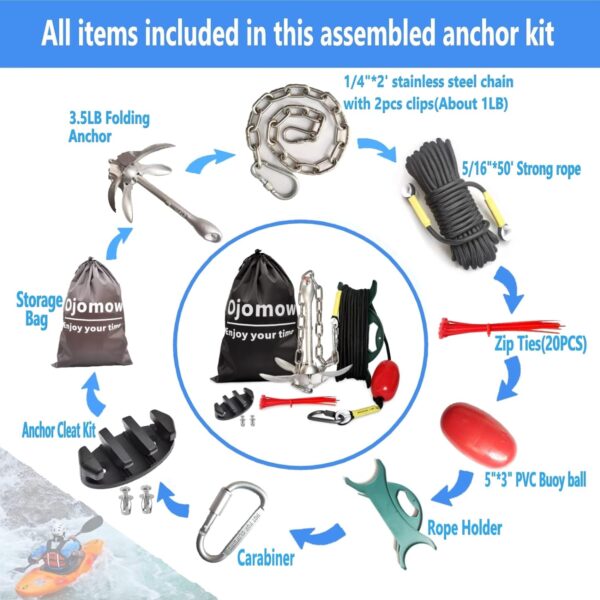 Ojomow Anchor Kit for Kayak and Jet Ski, 3.5lb Boat Anchor with 50FT Rope and Stainless Steel Chain for Kayak, Canoe, Fishing, Paddle Board, PWC, and SUP Accessories