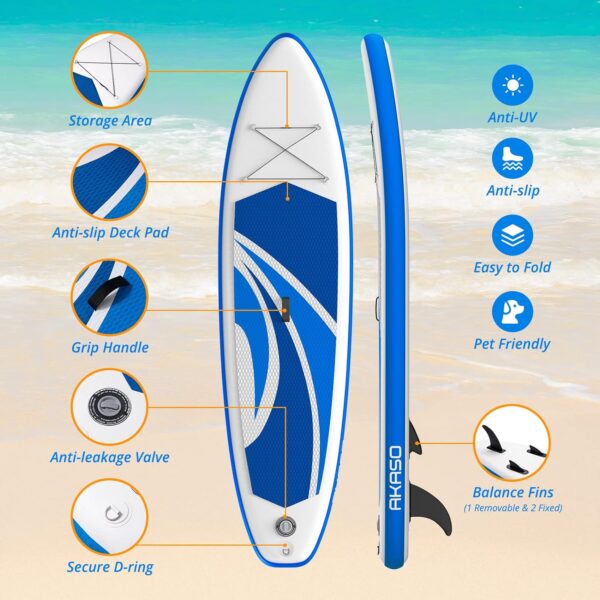 AKASO Inflatable Stand-Up Paddleboard, Yoga SUP with Backpack, Non-Slip Deck, Waterproof Bag, Leash, Floating Paddle and Hand Pump