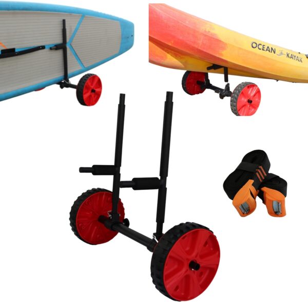 COR Surf Adjustable SUP Stand Up Paddleboard and Kayak Cart | 2-in-1 Kayak and SUP Transport Dolly Easily Adjusts for Any Sized SUP or Kayak with Scupper Plug Holes | Free Tie Down Straps Included