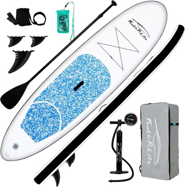 FEATH-R-LITE Inflatable Stand Up Paddle Board 10x30x6 Ultra-Light (16.7lbs) SUP with Paddleboard Accessories,Three Fins,Adjustable Paddle, Pump,Backpack, Leash, Waterproof Phone Bag