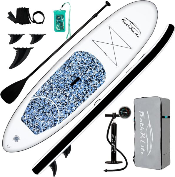 FEATH-R-LITE Inflatable Stand Up Paddle Board 10x30x6 Ultra-Light (16.7lbs) SUP with Paddleboard Accessories,Three Fins,Adjustable Paddle, Pump,Backpack, Leash, Waterproof Phone Bag