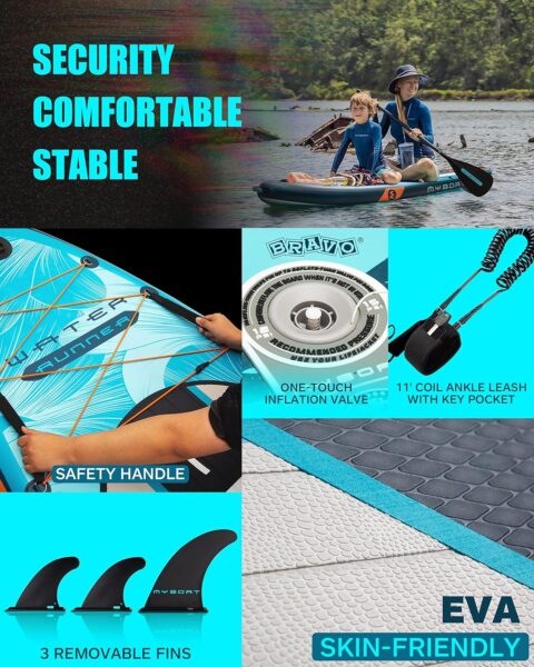 MYBOAT 106×35×6 Extra Wide Inflatable Paddle Board, Stand Up Paddle Board for Women, Sup Board with Multi-functional Handle,3 Removable Fins, Dual Bungees, Camera Mount, Floating Paddle, Hand Pump