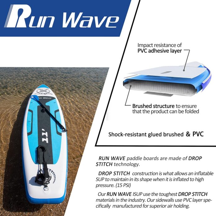 run wave inflatable stand up paddle board 113366 thick non slip deck with premium sup accessories wide stance bottom fin 3