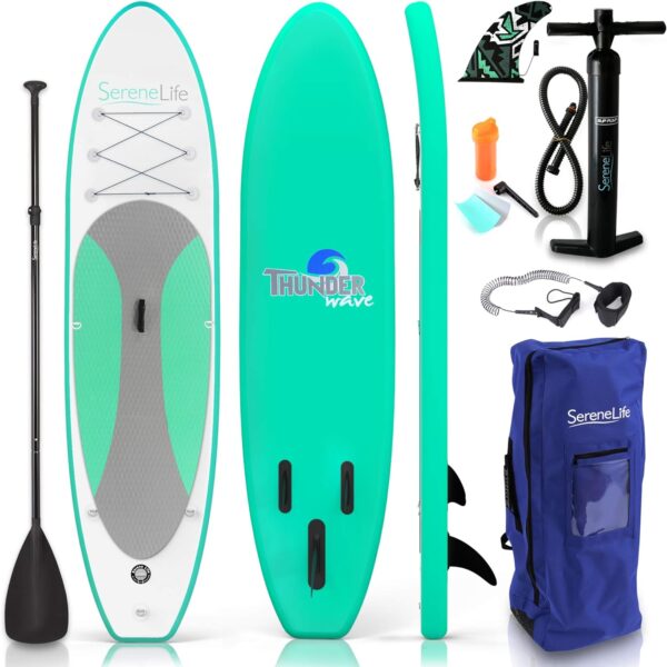 SereneLife Inflatable Stand Up Paddle Board (6 Inches Thick) with Premium SUP Accessories  Carry Bag | Wide Stance, Bottom Fin for Paddling, Surf Control, Non-Slip Deck | Youth  Adult Standing Boat