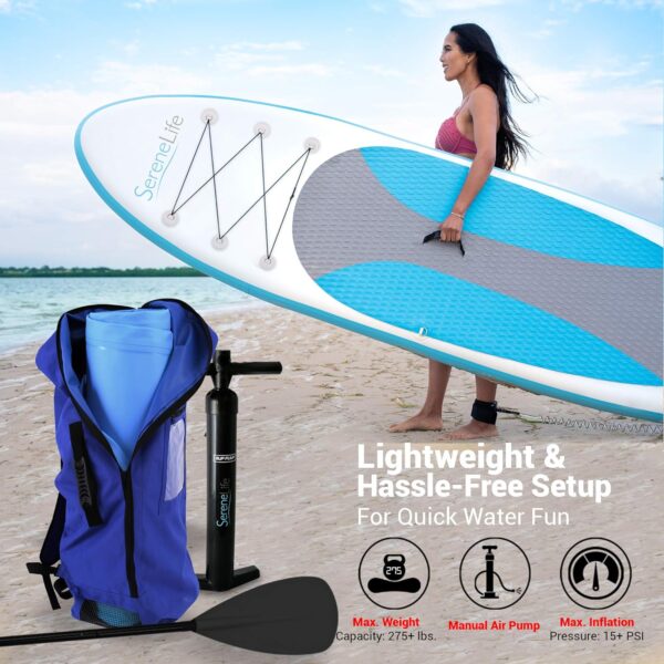 SereneLife Inflatable Stand Up Paddle Board (6 Inches Thick) with Premium SUP Accessories Carry Bag | Wide Stance, Bottom Fin for Paddling, Surf Control, Non-Slip Deck | Youth Adult Standing Boat